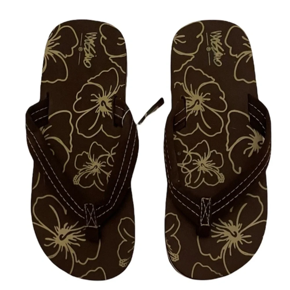 Brown Tropical Flower Flip Flops Casual Floral Unisex Non Gender Kids Size L 3/4